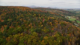 AX150_310 - 5.5K aerial stock footage flying over dense forest of brightly colored trees, autumn, Wells River, Vermont