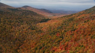 AX150_325 - 5.5K aerial stock footage flying over colorful forest through mountains, autumn, overcast, Orange, Vermont