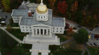 AX150_389 - 5.5K aerial stock footage approaching Vermont State House, tilt down, autumn, Montpelier, Vermont