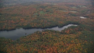 AX151_074E - 5.5K aerial stock footage approaching Red Leaf Pond, colorful forest, autumn, overcast, Croydon, New Hampshire