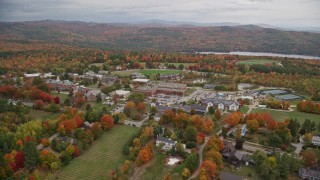 AX151_097E - 5.5K aerial stock footage approaching Colby Sawyer College, autumn, New London, New Hampshire