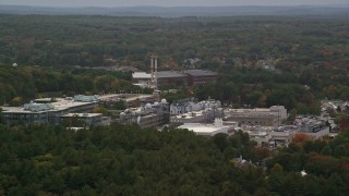 AX152_169 - 5.5K aerial stock footage approaching MIT Lincoln Laboratory, autumn, overcast, Lexington, Massachusetts