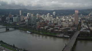 AX153_031E - 5.5K aerial stock footage of the Willamette River and Downtown from Northeast Portland, Oregon
