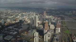 AX153_074 - 5.5K aerial stock footage orbiting of skyscrapers in Downtown Portland, Oregon