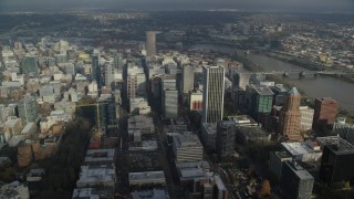 AX153_075 - 5.5K stock footage aerial video orbiting Skyscrapers in Downtown Portland, Oregon