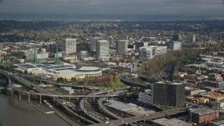 AX153_100 - 5.5K stock footage aerial video of Oregon Convention Center and office buildings in Lloyd District, Portland, Oregon