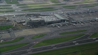 AX153_137 - 5.5K aerial stock footage of a reverse view of Portland International Airport in Oregon