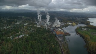 AX153_151 - 5.5K aerial stock footage flying by the Georgia Pacific Paper Mill in Camas, Washington
