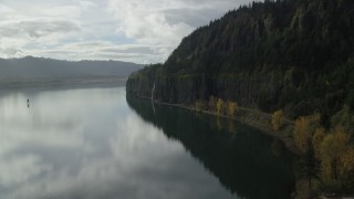 AX154_009 - 5.5K aerial stock footage approaching a railroad tunnel and Cape Horn Falls in Columbia River Gorge, Washington