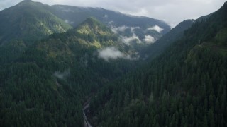 AX154_041 - 5.5K stock footage aerial video approaching the Eagle Creek Trail canyon in Cascade Range, Hood River County, Oregon