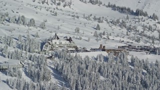 AX154_087E - 5.5K aerial stock footage orbiting Timberline Lodge at Mount Hood, Cascade Range, Oregon