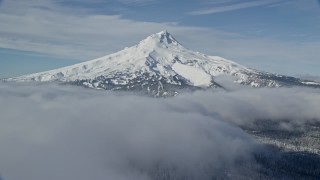 AX154_115E - 5.5K aerial stock footage tilting from forest to reveal clouds and Mount Hood, Cascade Range, Oregon