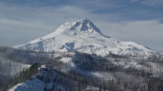 AX154_122 - 5.5K aerial stock footage of a mountain ridge with dead trees in the foreground near Mount Hood, Cascade Range, Oregon