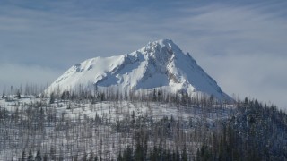 AX154_123 - 5.5K aerial stock footage of a summit of a mountain peak behind a ridge with dead evergreens, Mount Hood, Cascade Range, Oregon