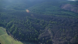 AX154_140 - 5.5K stock footage aerial video flying by lava flow and evergreen forest by Parkdale, Oregon