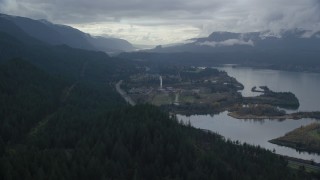 AX154_165 - 5.5K aerial stock footage approaching I-84 and the small town of Cascade Locks, Oregon in Columbia River Gorge