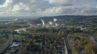 AX154_211 - 5.5K aerial stock footage approaching the Washougal River and the Georgia Pacific Paper Mill in Camas, Washington