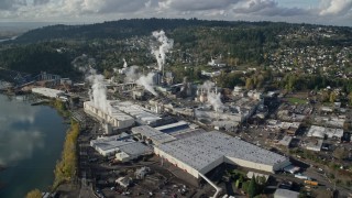 AX154_213 - 5.5K aerial stock footage approaching the Georgia Pacific Paper Mill in Camas, Washington