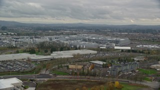 AX155_002 - 5.5K aerial stock footage flying by the Intel Ronler Acres Campus, Hillsboro, Oregon