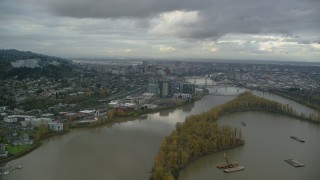 AX155_021 - 5.5K aerial stock footage of South Waterfront condo high-rises, Willamette River, and Downtown Portland
