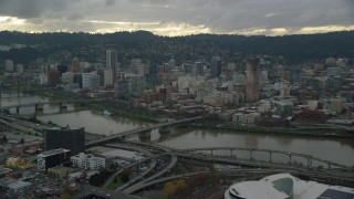 AX155_042 - 5.5K stock footage aerial video of Downtown Portland, Oregon, seen across the Willamette River