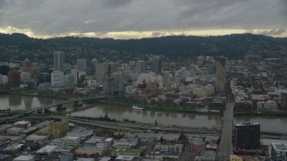 AX155_043 - 5.5K stock footage aerial video of bridges over the Willamette River and Downtown Portland, Oregon