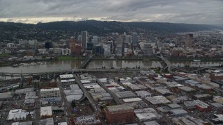 AX155_045 - 5.5K aerial stock footage of bridges spanning the Willamette River leading to Downtown Portland, Oregon