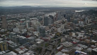 AX155_067 - 5.5K stock footage aerial video of Downtown Portland, Oregon cityscape and the I-405 freeway