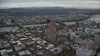 AX155_068 - 5.5K aerial stock footage approaching US Bancorp Tower and tilt down in Downtown Portland, Oregon