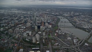 AX155_081E - 5.5K aerial stock footage of Downtown Portland cityscape and the Willamette River in Oregon