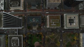 AX155_097E - 5.5K aerial stock footage of a bird's eye view of SW Madison Street and parks in Downtown Portland, Oregon