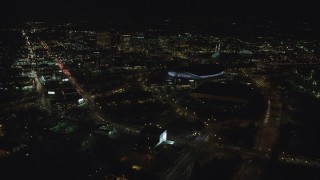 AX155_429 - 5.5K stock footage aerial video approaching arenas and convention center in Northeast Portland, Oregon