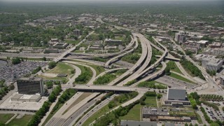 AX36_026E - 4.8K aerial stock footage orbiting freeway interchange, Downtown Atlanta, Georgia