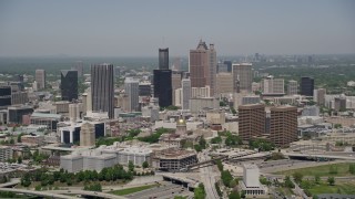 AX36_035 - 4.8K aerial stock footage approaching the downtown buildings, Captiol, Downtown Atlanta, Georgia