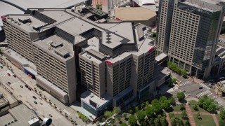 AX36_105E - 4.8K aerial stock footage orbit CNN Center and Omni Hotel, Downtown Atlanta, Georgia