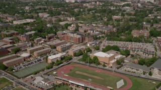 AX37_008E - 4.8K aerial stock footage of sports field and Morehouse College, Atlanta, Georgia