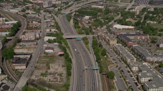 AX37_010 - 4.8K aerial stock footage following freeway revealing Downtown Atlanta, Georgia