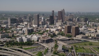 AX37_063E - 4.8K stock footage aerial video approach and fly over State Capitol and skyscrapers, Downtown Atlanta, Georgia