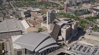 AX37_077 - 4.8K aerial stock footage flying by Philips Arena and CNN Center, Downtown Atlanta, Georgia