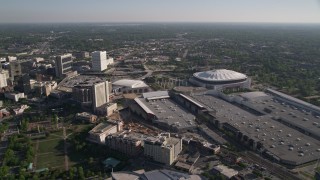 AX38_080 - 4.8K aerial stock footage approaching Georgia Dome and Georgia World Congress Center, Atlanta