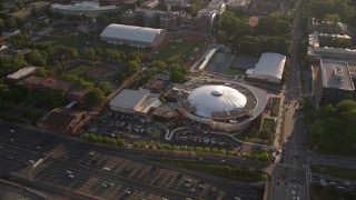 AX39_026E - 4.8K aerial stock footage approaching Alexander Memorial Coliseum, Atlanta, Georgia