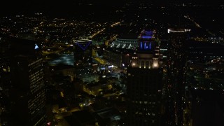 AX41_008E - 4.8K aerial stock footage flyby and orbit skyscrapers in Downtown Atlanta, Georgia, night