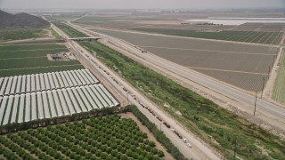 AX42_024 - 5K aerial stock footage flyby cars on a dirt road by crop fields, greenhouses, and South Lewis Road, Camarillo, California