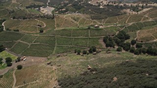AX42_103 - 5K aerial stock footage fly away from hillside vineyards to reveal a jagged slope, Malibu, California
