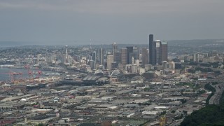 AX45_013 - 5K aerial stock footage of Seattle skyline seen from south of Downtown Seattle, Washington
