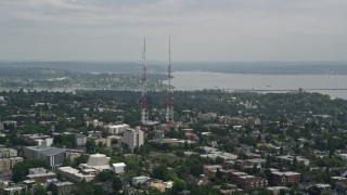 AX45_077 - 5K aerial stock footage of Capitol Hill Towers radio towers in the Capitol Hill area of Seattle, Washington