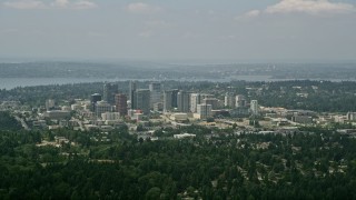 AX46_041 - 5K aerial stock footage of skyscrapers and city buildings in Downtown Bellevue, Washington