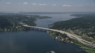 AX46_045 - 5K stock footage aerial video of East Channel Bridge spanning Lake Washington between Mercer Island and Bellevue, Washington