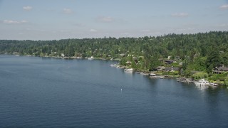 AX47_004 - 5K aerial stock footage flyby Mercer Island lakeside homes with docks, Washington