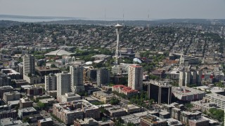 AX47_023 - 5K aerial stock footage of a view of the Space Needle and high-rise buildings, Seattle, Washington